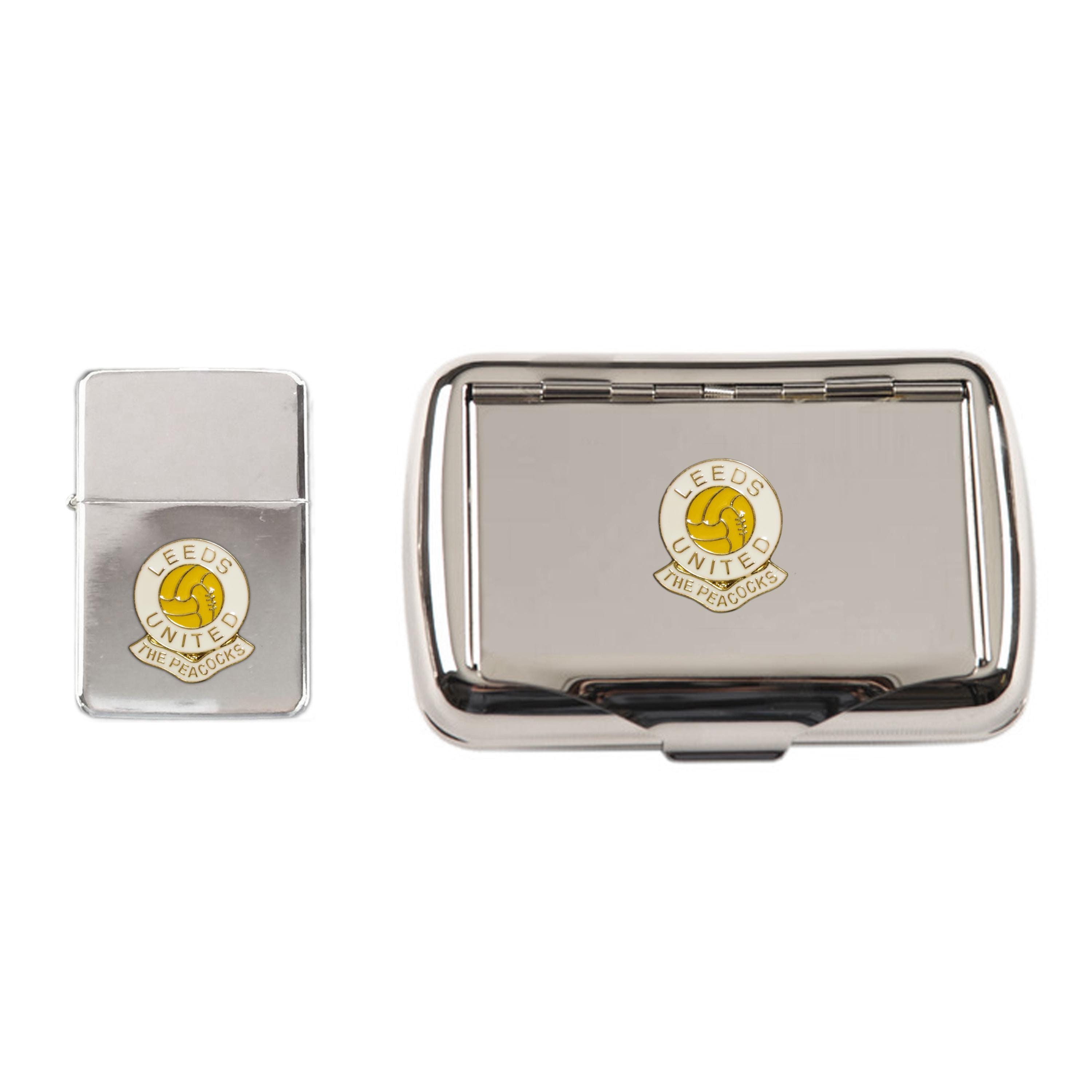 Leeds United Football Club Polished Chrome Tobacco Tin and Stormproof  Petrol Lighter With Option to Personalise