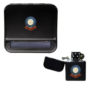 May include: Black rolling tray and lighter with a blue and white Oldham Athletic Football Club logo. The logo features a soccer ball and the words "Oldham Athletic" and "Boundary Park".