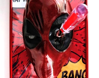Breaking the Fourth Wall - Deadpool 3D Mask Wall Art • Red Frame • Handmade with Screwdriver in Eye