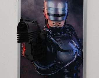 RoboCop 3D Wall Art with Raised Gun • 80s Cyberpunk Fan Art • Hand-Painted 3D Frame