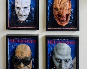 Hellraiser Cenobites 3D Frame Set of 4 – Pinhead Sculpture Horror Wall Art – Nightmares in Frame Dark Decor – Movie Cult Collectible