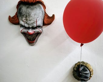 Pennywise 3D Wall Bust – You'll Float Horror Sculpture – Hand Painted Red Balloon Wall Decor – Stephen King IT Collectible