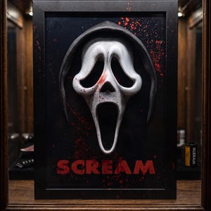 Könnte beinhalten: Ein gerahmtes 3D-Wandkunstwerk mit der ikonischen weißen Ghostface-Maske aus der Scream-Reihe. Die Maske ist auf einem schwarzen Hintergrund mit roten Blutspritzern zentriert. Das Wort SCREAM ist unten in fetten roten Buchstaben aufgedruckt.