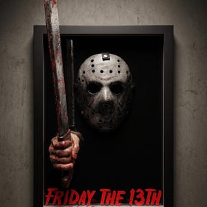 Könnte beinhalten: Ein gerahmtes 3D-Wandkunstwerk mit einer verwitterten grauen Eishockeymaske und einer Hand, die eine blutverschmierte Machete hält. Der schwarze Rahmen enthält unten den Text FRIDAY THE 13TH in fetten roten Buchstaben für ein düsteres Display.