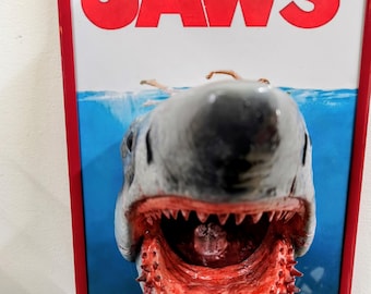 Jaws 3D Wall Art – Hand Painted Shark Horror Frame – Nightmare in Frame – Handmade Movie Decor – Unique Collectible Cinema Art