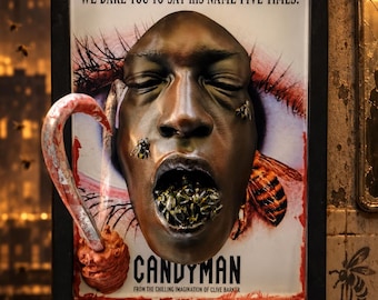 Candyman 3D Wall Art – Hand Painted Horror Frame – Nightmares in Frame – Clive Barker Cult Movie Decor – 3D Hook & Bees Sculpture