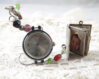 Small hummingbird table clock from repurposed watch face with colorful bird charm and beads for outdoor feel and summer spirit for child.