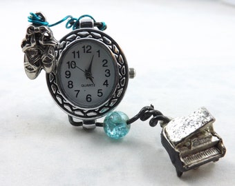 Small clock to fit any nook or be gift for a budding ballerina or piano student, with ballet slippers, piano, bling bead, and pretty clock.