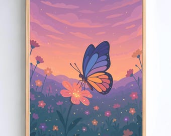 Boho Butterfly Wall Art, Colorful Floral Butterfly Print, Girls Nursery and Bedroom Decor, Nature-Inspired Wall Art