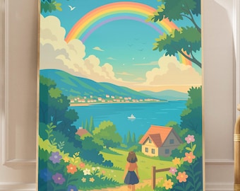 Anime Landscape Wall Art, Japanese Aesthetic Poster, Ghibli Inspired Nature Print, Cozy Japan Scene Decor, Aesthetic Anime Room Poster