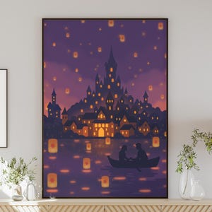 rapunzel lantern scene poster fairytale wall art print romantic fantasy decor glowing floating lanterns castle poster princess wall decor dreamy magical wall art tangled inspired art lantern festival scene romantic couple boat illustration fantasy landscape poster disney inspired wall art fairytale bedroom decor storybook wall print castle night sky artwork whimsical lantern scene poster fantasy home decor princess themed wall art