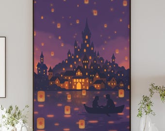 Rapunzel Lantern Scene Poster – Fairytale Wall Art Print – Floating Lanterns Castle Art – Romantic Fantasy Decor – Dreamy Princess Poster