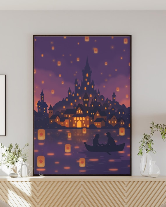 Rapunzel Lantern Scene Poster – Fairytale Wall Art Print – Floating Lanterns Castle Art – Romantic Fantasy Decor – Dreamy Princess Poster