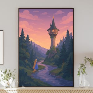Cuadro de Rapunzel, póster de torre de cuento de hadas, decoración para dormitorio de princesa, obra de arte de castillo mágico, arte para habitación de niñas de fantasía, regalo encantado