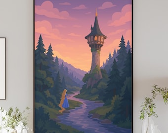 Rapunzel Wall Art, Fairytale Tower Poster, Princess Bedroom Decor, Magical Castle Artwork, Fantasy Girls Room Art, Enchanted Gift
