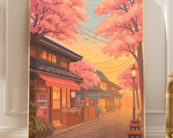 Ghibli Style Vintage Japanese Street Wall Art | Retro Cherry Blossom Anime Wall Art Print | Cozy Sakura Japan Home Decor