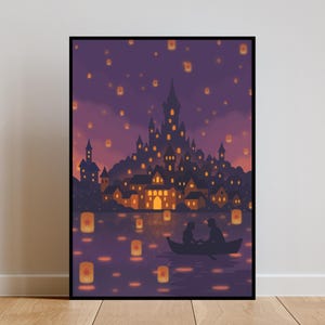 fantasy lantern scene poster rapunzel inspired wall decor glowing lanterns night sky castle lake illustration romantic fairytale art print princess bedroom wall decor magical lantern festival poster dreamy fantasy landscape artwork romantic couple silhouette boat storybook illustration whimsical fantasy decor castle night poster magical home wall art dreamy fairytale poster