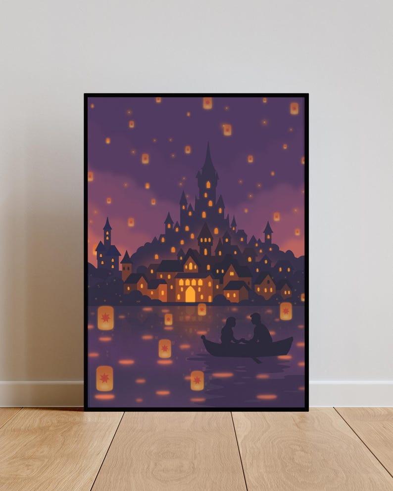 fantasy lantern scene poster rapunzel inspired wall decor glowing lanterns night sky castle lake illustration romantic fairytale art print princess bedroom wall decor magical lantern festival poster dreamy fantasy landscape artwork romantic couple silhouette boat storybook illustration whimsical fantasy decor castle night poster magical home wall art dreamy fairytale poster