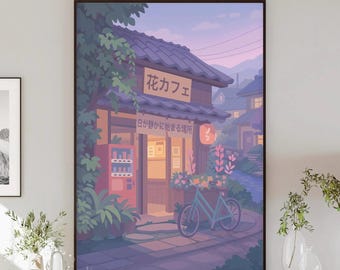 Anime Cafe Wall Art Poster, Japanese Street Scene Print, Lofi Coffee Shop Art, Ghibli Aesthetic Poster, Cozy Tokyo Decor for Bedroom & Gift