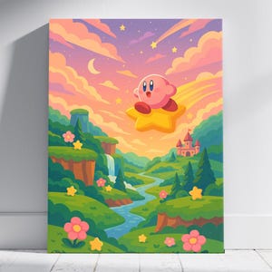 Kirby Canvas Art | Dream Land Adventure Wall Art for Gamers, Cute Anime-Style Video Game Print, Dreamy Gamer Room Decor, Perfect Kirby Gift