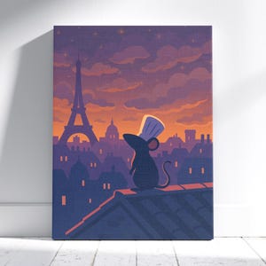 Ratatouille Canvas Print – Chef Remy Silhouette at Paris Sunset, Pixar-Inspired Kitchen & Home Wall Art, Charming French Skyline Scene