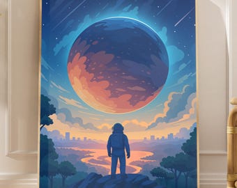 Astronaut Wall Art zum Ausdrucken, Space Galaxy Poster, Sci-Fi Weltraum digitaler Download, Planeten und Sterne Wanddekor