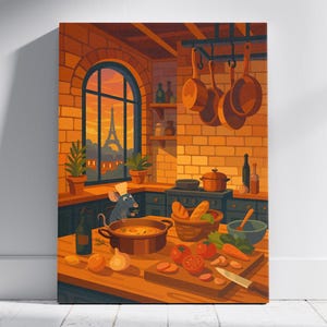 Chef Mouse Canvas Wall Art – Cozy Kitchen Decor with Chef Mouse, Paris Sunset Print, French Cooking Gift, Kitchen Dining Room Artwork