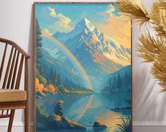Mount Fuji Wall Art Poster, Minimalist Lake Mountain Print, Japanese Nature Landscape Decor for Cabin or Living Room