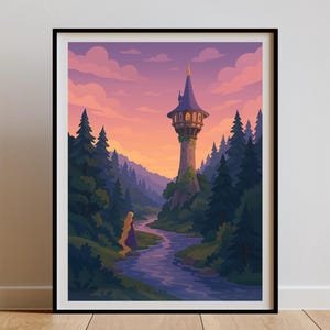Tangled Art Print – Rapunzel-sprookjesposter, afdrukbare muurkunst voor meisjeskamer, decoratie kinderkamer, magische sprookjesscène, kinderkamerdecoratie