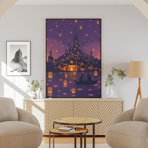 rapunzel castle lantern wall art fantasy poster glowing floating lanterns romantic night scene dreamy princess decor fairytale illustration castle lake landscape magical lantern sky artwork romantic couple boat silhouette fantasy themed wall art storybook poster tangled inspired decor dreamy lantern festival print magical fairytale bedroom wall decor