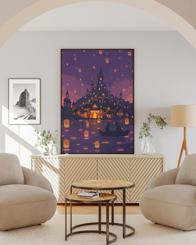 rapunzel castle lantern wall art fantasy poster glowing floating lanterns romantic night scene dreamy princess decor fairytale illustration castle lake landscape magical lantern sky artwork romantic couple boat silhouette fantasy themed wall art storybook poster tangled inspired decor dreamy lantern festival print magical fairytale bedroom wall decor
