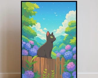Cute Anime Cat Wall Art, Kawaii Black Cat Poster, Japanese Aesthetic Bedroom Decor, Cozy Animal Artwork, Anime Lover Gift, Cute Room Decor