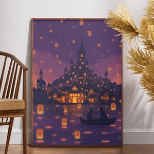 lantern sky fantasy poster rapunzel inspired wall art glowing lantern festival castle lake illustration dreamy romantic fairytale decor princess bedroom poster magical night landscape artwork romantic couple boat silhouette storybook fantasy illustration tangled style lantern scene whimsical magical home decor fantasy wall art poster dreamy castle lantern artwork