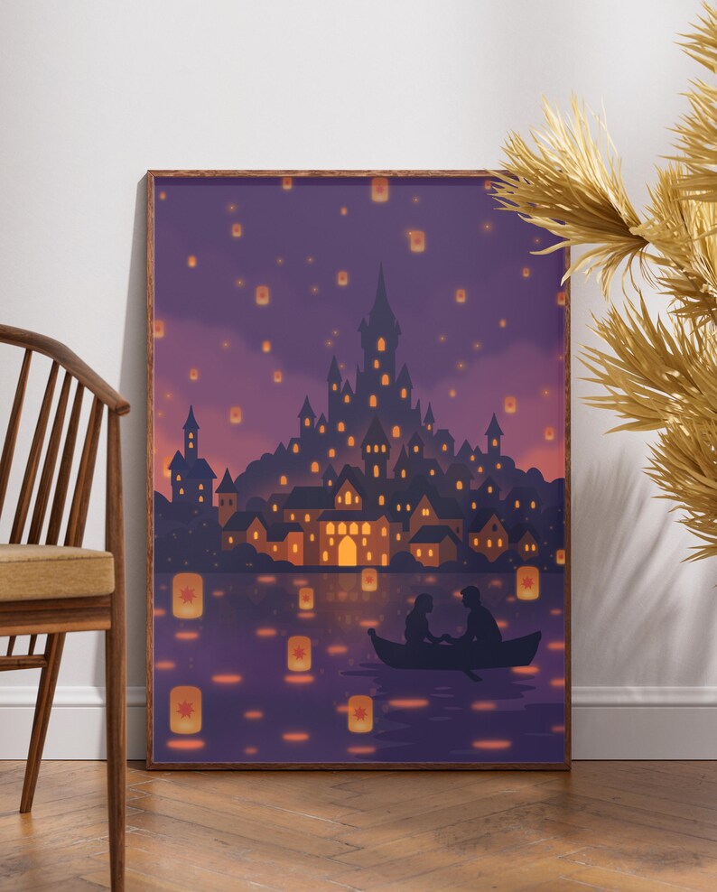 lantern sky fantasy poster rapunzel inspired wall art glowing lantern festival castle lake illustration dreamy romantic fairytale decor princess bedroom poster magical night landscape artwork romantic couple boat silhouette storybook fantasy illustration tangled style lantern scene whimsical magical home decor fantasy wall art poster dreamy castle lantern artwork