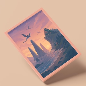 This HTTYD-inspired dragon poster print celebrates the bond between Toothless and Hiccup. With the new movie release drawing attention to the franchise, fantasy art, Viking aesthetics, and flying dragon imagery are back in demand. Ideal for fans of animation and dragon adventures.