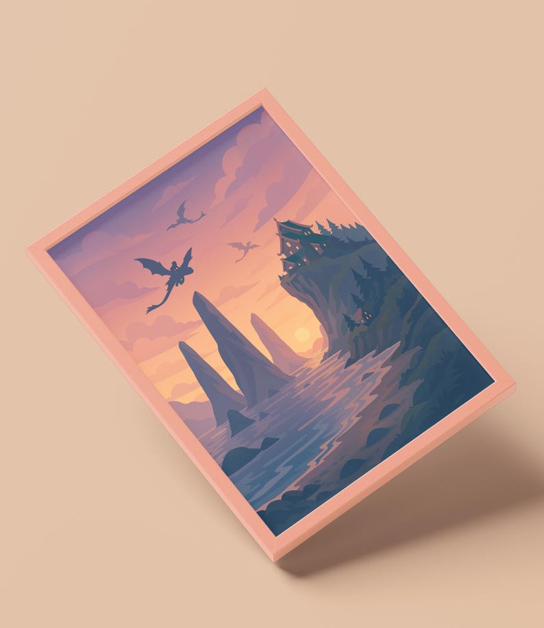 This HTTYD-inspired dragon poster print celebrates the bond between Toothless and Hiccup. With the new movie release drawing attention to the franchise, fantasy art, Viking aesthetics, and flying dragon imagery are back in demand. Ideal for fans of animation and dragon adventures.