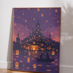 floating lanterns fairytale poster rapunzel inspired wall art romantic lantern festival scene castle in distance dreamy fantasy wall decor princess room poster magical night sky artwork fantasy landscape illustration tangled style lantern scene romantic couple boat wall art fairytale home decor glowing lantern sky print dreamy storybook poster fantasy bedroom wall art magical princess decor illustration