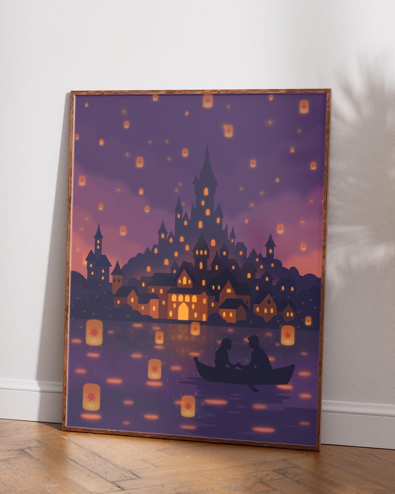 floating lanterns fairytale poster rapunzel inspired wall art romantic lantern festival scene castle in distance dreamy fantasy wall decor princess room poster magical night sky artwork fantasy landscape illustration tangled style lantern scene romantic couple boat wall art fairytale home decor glowing lantern sky print dreamy storybook poster fantasy bedroom wall art magical princess decor illustration
