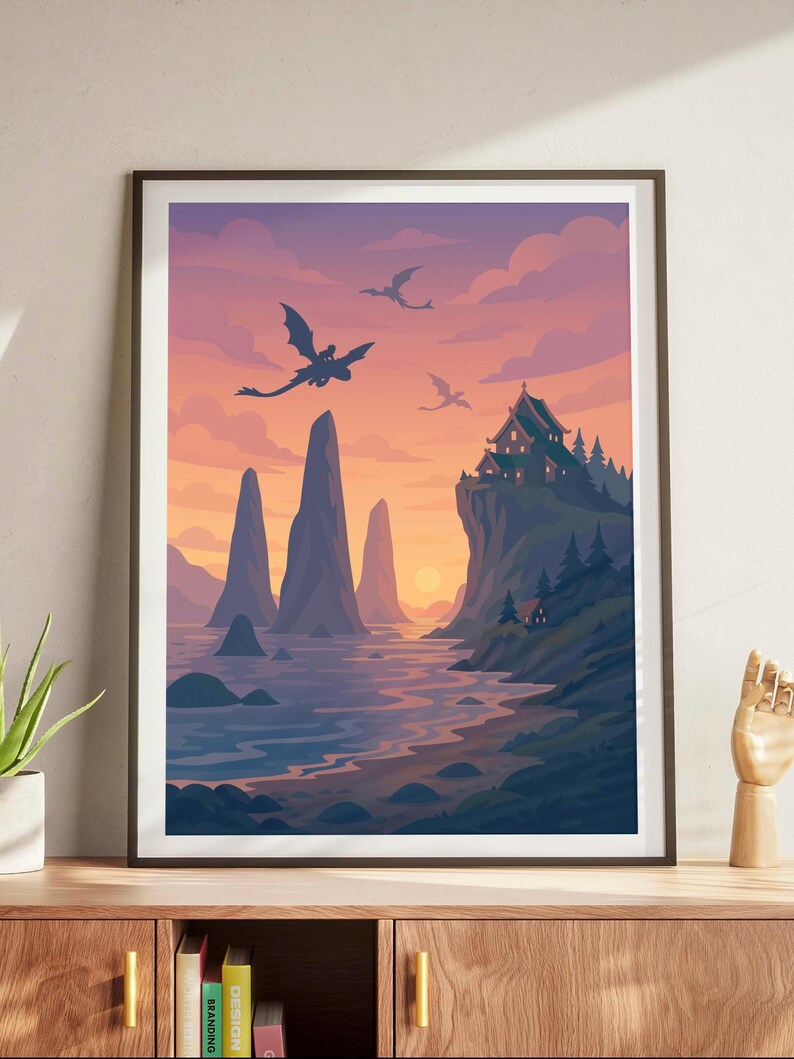 Poster print inspired by Toothless and Hiccup from How to Train Your Dragon. With the live-action movie release, dragon wall art is trending again for fantasy fans, kids’ rooms, nurseries, and themed decor. A perfect gift for HTTYD lovers, animation collectors, or anyone who dreams of flying with dragons.