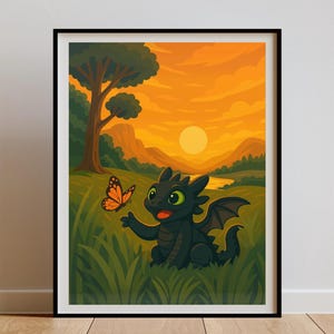 How to Train Your Dragon Art Print – Baby Toothless Wall Art, HTTYD Poster for Nursery, Kids Room, or Bedroom, Fantasy Dragon Decor