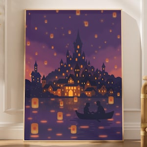 rapunzel lantern poster fantasy wall art glowing lantern sky castle illustration romantic fairytale wall decor princess themed bedroom poster dreamy fantasy landscape print magical lantern festival scene tangled inspired art romantic couple boat silhouette castle lake artwork whimsical storybook decor fantasy inspired poster dreamy lantern scene wall art magical princess room decor