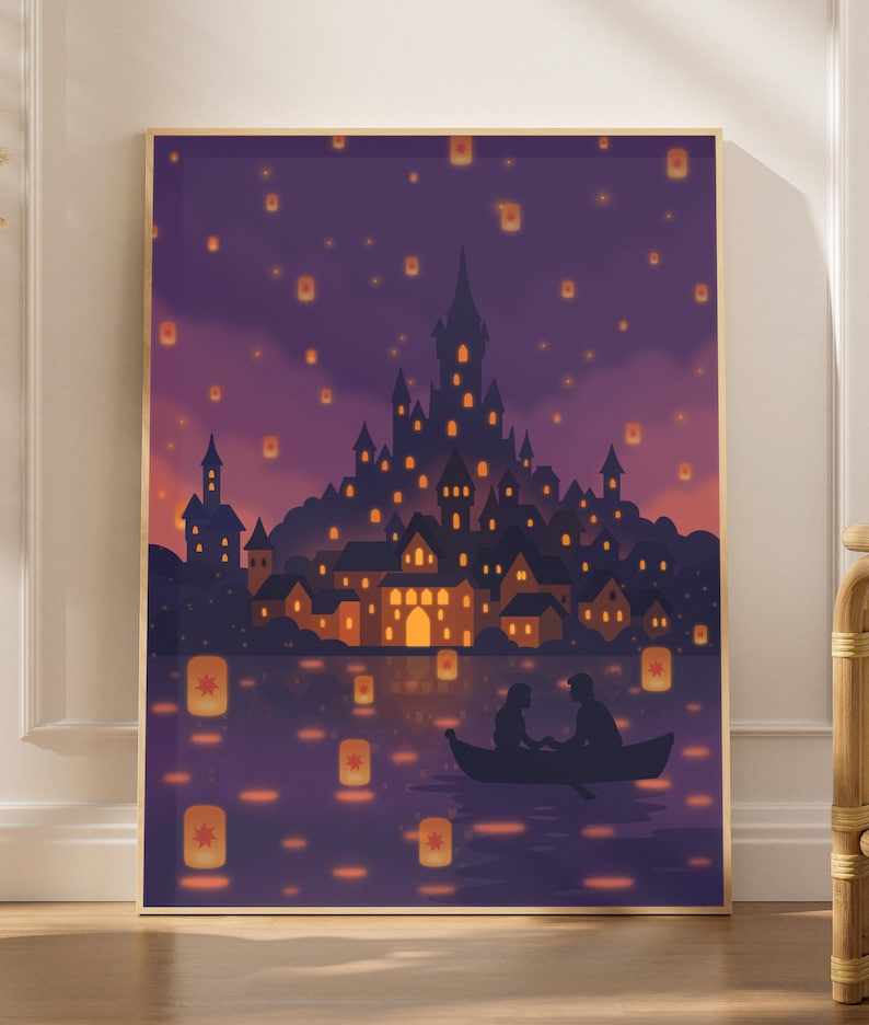 rapunzel lantern poster fantasy wall art glowing lantern sky castle illustration romantic fairytale wall decor princess themed bedroom poster dreamy fantasy landscape print magical lantern festival scene tangled inspired art romantic couple boat silhouette castle lake artwork whimsical storybook decor fantasy inspired poster dreamy lantern scene wall art magical princess room decor