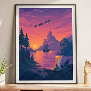 Peter Pan Poster Neverland Art Print – Tinker Bell Flying Silhouette, Fantasy Wall Art for Kids Room, Nursery Decor, Disney-Inspired Artwork