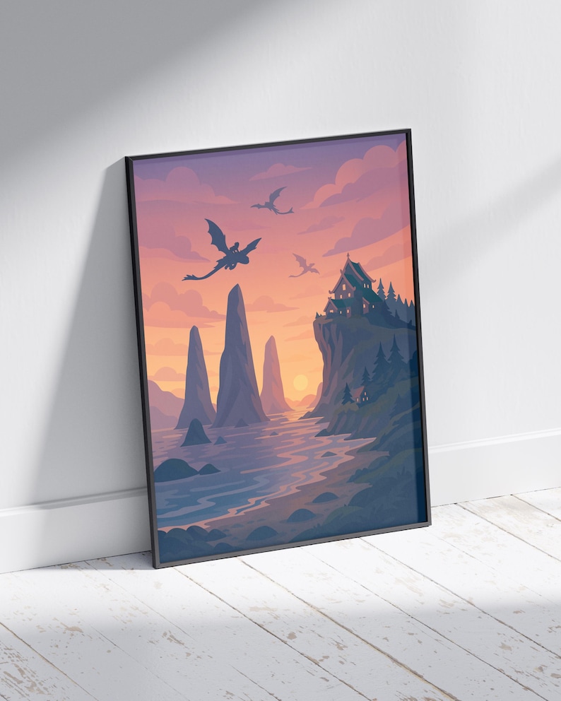 How to Train Your Dragon fans are loving fantasy wall art again thanks to the live-action reboot. This Toothless and Hiccup inspired poster is a top choice for movie fans, Viking room decor, and dragon-themed bedrooms. Great for teens, kids, and anyone obsessed with DreamWorks dragons.