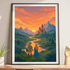 Zelda and Link Poster Art | Legend of Zelda Inspired Wall Art | Nintendo Gamer Decor | Hyrule Fantasy Landscape Video Game Art