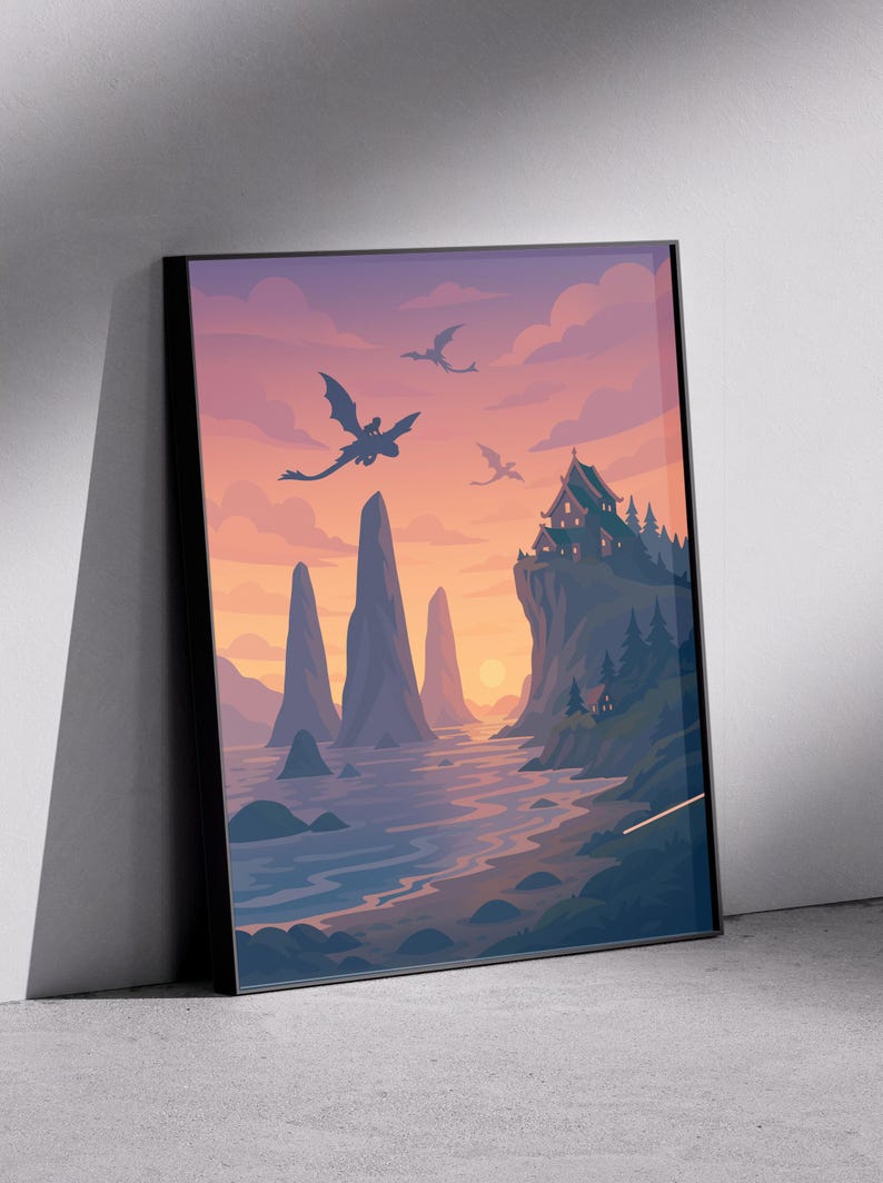 Celebrate the return of Toothless and Hiccup with this fantasy poster print. With the HTTYD live-action movie bringing excitement to a new generation, dragon art makes a perfect gift for kids, teens, and nostalgic adults. Fans love Viking vibes, Berk-style landscapes, and dragon-themed decor.