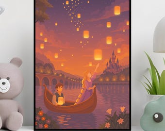 Fairytale Wall Art, Floating Lanterns Poster, Magical Princess Room Decor, Fantasy Castle Sunset Artwork, Dreamy Fantasy Gift, Girls Bedroom