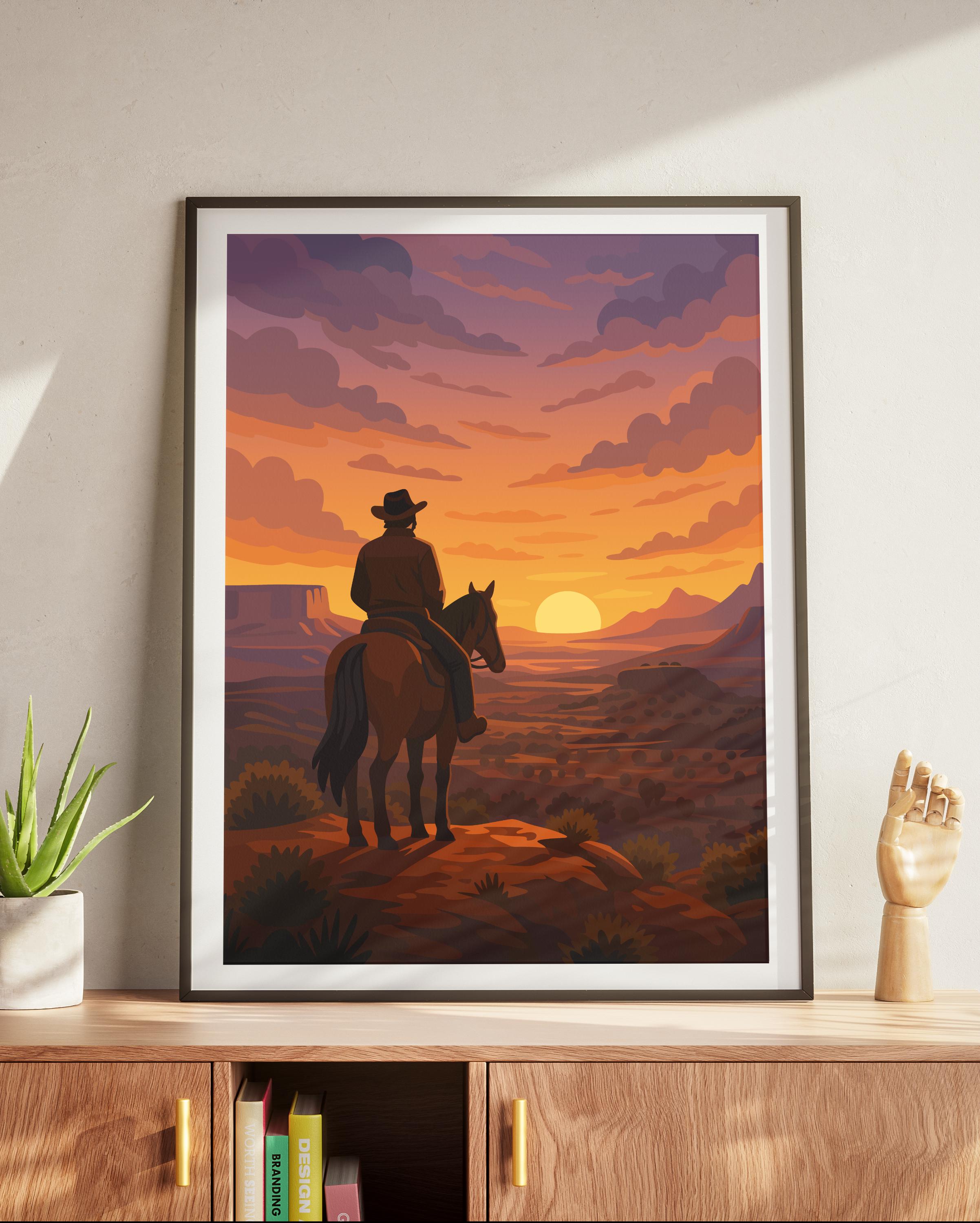Western Cowboy Sunset Poster | Wild West Wall Art | Gamer Room Decor ...
