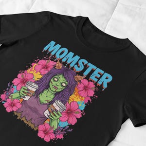 Momster Coffee Shirt, Funny Zombie Mom T-Shirt, Colorful Halloween Mom Tee, Mother&#39;s Day Gift, Cute Spooky Mom Life Shirt, Coffee Lover Tee