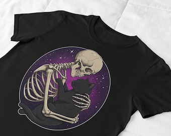 Skeleton and Black Cat T-Shirt: Gothic Witchy Tee